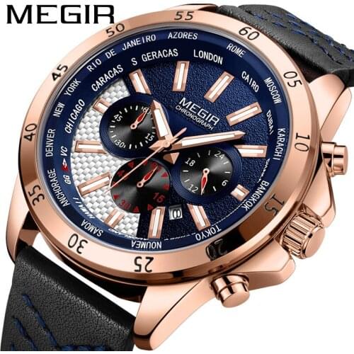 Megir Mens Watch reloj hombre Sports Watch Fashion Three-eye Multi-function Large Dial Leather Strap Clock Relogio Masculino
