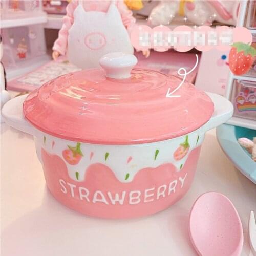 Cute Strawberry Binaural Enameled Porcelain Bowl Kids Fruit Salad Dessert Rice Breakfast Bowls WIth Lid Household Tableware New
