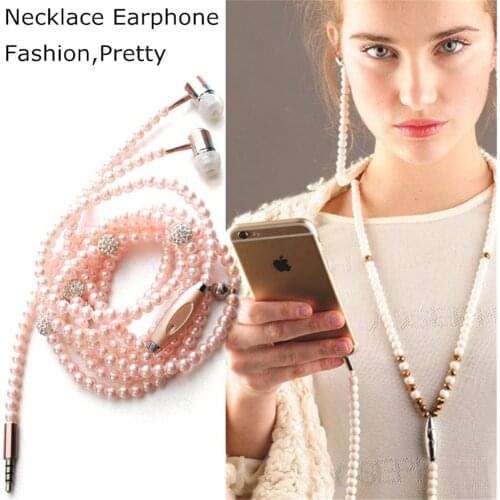 Fashion Pretty Necklace Earphone Pink Girl Rhinestone Jewelry Pearl Earphones 3.5mm With Microphone Earbuds for Brithday Gift