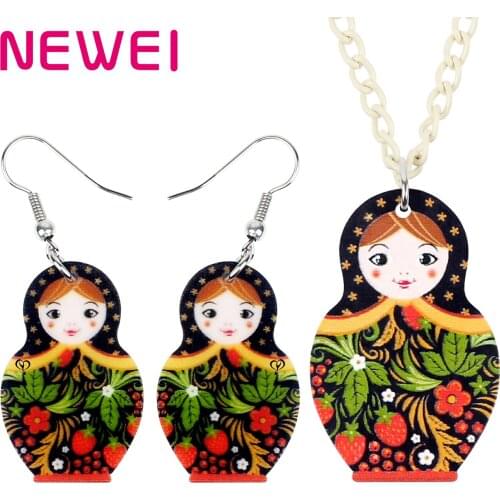 Newei Acrylic Russian Matryoshka Doll Jewelry Sets Lovely Toy Earrings Necklace For Women Friends Girls Vintage Gift Accessories