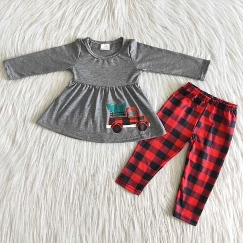 Wholesale Children Cute Clothing Set Girl Gray Top And Plaid Pants 2Pcs Toddler Christmas Long Sleeve Outfit