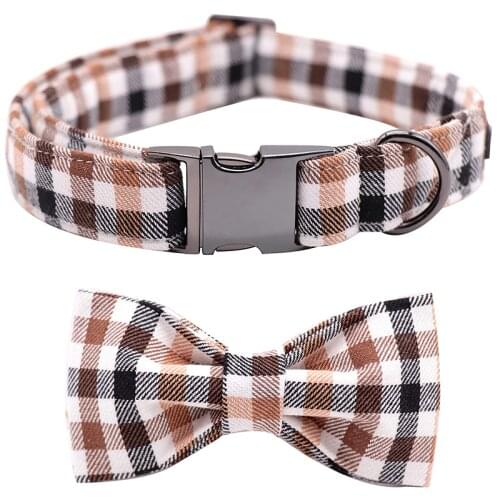 Cotton Fabric Dog Collar and Leash Set with Bow Tie Yellow for Big and Small Dog