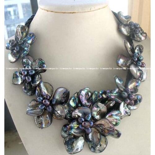 Wholesale wonderful black freshwater pearl 40-60 mm sea shell flower 18.5" necklace