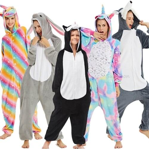 Kigurumi Unicorn Pajamas Winter Animal Wolf Panda Onesie Kids Sleepwear For Women Adult Pijama Baby Girls Boys Jumpsuit Overalls