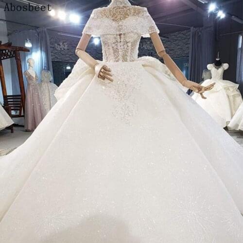 See Through Beads Top Plus Size Wedding Dress with Shawl Shiny Lace Ball Gown Bridal Dress 150CM Train Off Shoulder Robe Mariee
