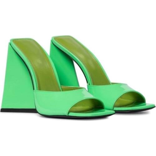New Super High Heel Slippers Female Designer Slide Summer Green Patent Leather Party Shoes Woman High Heel Large Sandals