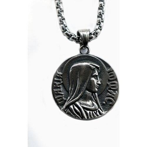 Catholic Virgin Mary Tag Vintage Jesus Amulet Round Pendant Necklace