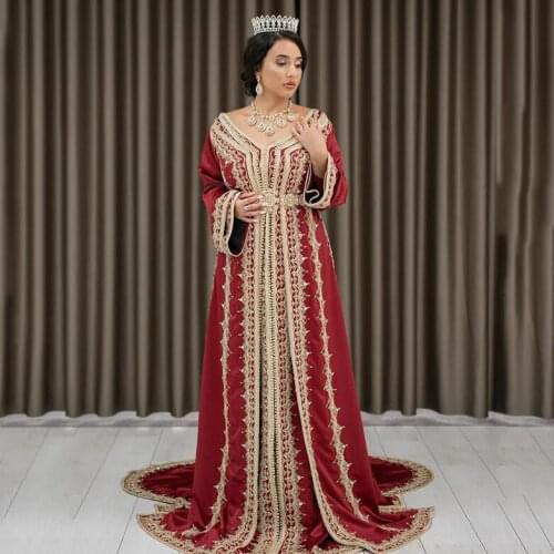 XUANDREAM Red Moroccan Caftan With Beading and Embroidery Long Sleeve Islamic High Quality Evening Prom Dresses for party XD-187