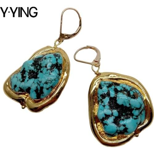 Y·YING Freeform Blue howlite With Gold color Plated Edge Lever Back dangle Earrings ethnic style for women