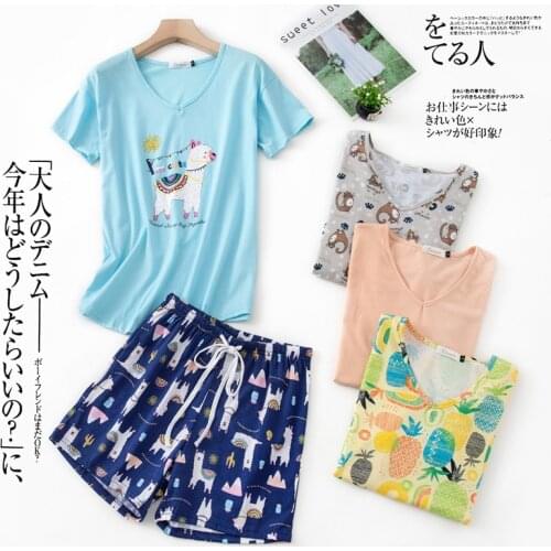Women Pajamas Cotton Short Sleeve Shorts Lounge Wear V-Neck Cartoon Sleepwear Two Piece Set Summer Plus Size Pijama Home Clothes