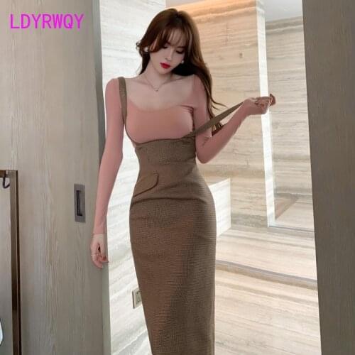 Plaid Skirt Set womens autumn winter 2020 retro wear T-shirt bag hip two-piece set Office Lady Regular