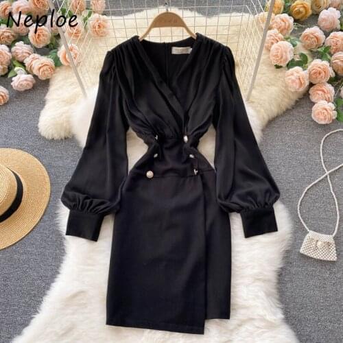 Neploe Ladies Temperament Autumn New Wome Robe V-neck Lantern Long Sleeve Female Dress Double-breasted High Slim Waist Vestidos