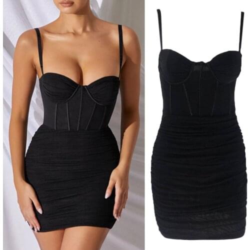 Women Spaghetti Strap Bodycon Corset Mesh Mini Sling Dress Solid Color Sexy Off Shoulder Backless Ruched High Waist Party Clubwe