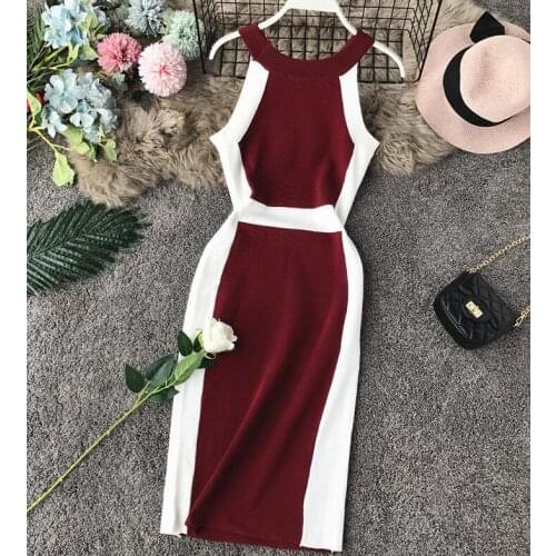 Womens spring summer knitted slim striped dress female elastic contrast color slim dress TB159