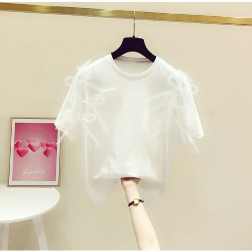 White T Shirt for Women 2021 Summer Clothing New Three-Dimensional Bow Round Neck Short Sleeve T-shirts Casual Tops