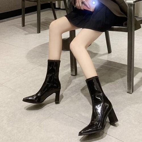 Lucyever Elegant Womens High Heels Short Boots Autumn Winter PU Leather Women Ankle Boots 2021 New Boots Woman Black Beige 40