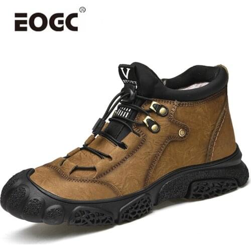 Natural Leather Boots Men Plush Warm Fur Ankle Snow Boots Combat Autumn Winter Boots Shoes Waterproof Walking Men Shoes