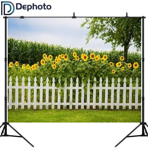 DePhoto Photography Backdrop Spring Wood Fence Sunflower Green Grass Background Photo Studio Photophone Photocall Shoot Props
