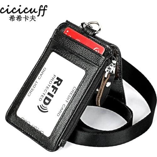 Badge Holder Genuine Leather Office Id Card Chest Hanging Lanyard Mini Purses RFID Blocking Credit Card Holders Pass Case Work