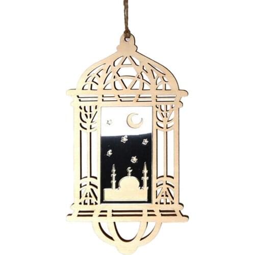 DIY Eid Mubarak Lantern Mirror Muslim Home Decoration Plywood Hollow Ornament Crafts With Lanyard