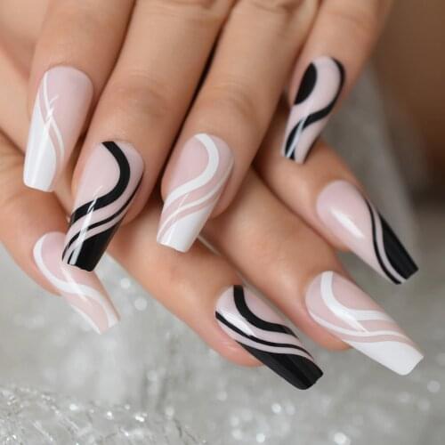 Two Hands Part Mixed Medium Long Black And White Curve Line Pre Designs Press On Nail 2021 Unique Original Nail Tips Wholesale