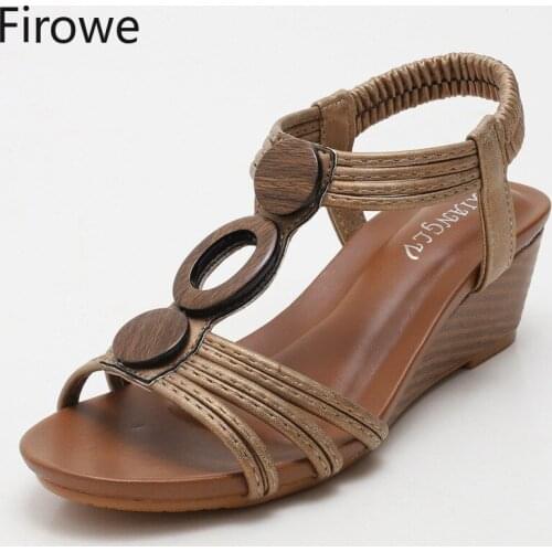 Firowe Women Wedge Sandals 2021 Summer New fashion Elastic band Leisure Soft Bottom Mom Shoes plus Size Retro Roman Style Shoes