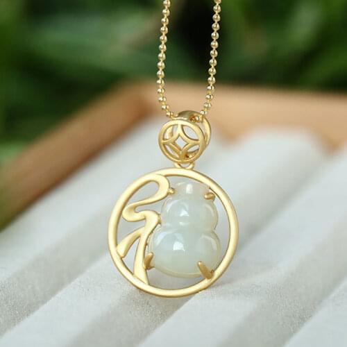 Natural Hetian white jade "Fu" gourd Pendant Necklace Chinese style retro unique ancient gold craft womens Charm Silver Jewelry
