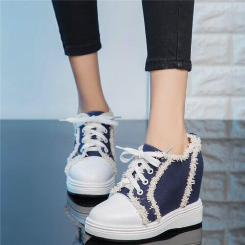 Fashion Sneakers Women Lace Up Cow Leather Platform Wedges High Heel Ankle Boots Female Canvas Trainers Tennis Shoe Casual Shoes