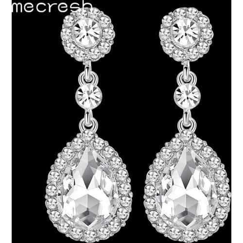 Mecresh Luxury Bridal Wedding Earrings Champagne/Silver Color Crystal Waterdrop Long Drop Brincos Jewelry Christmas Gift EH070