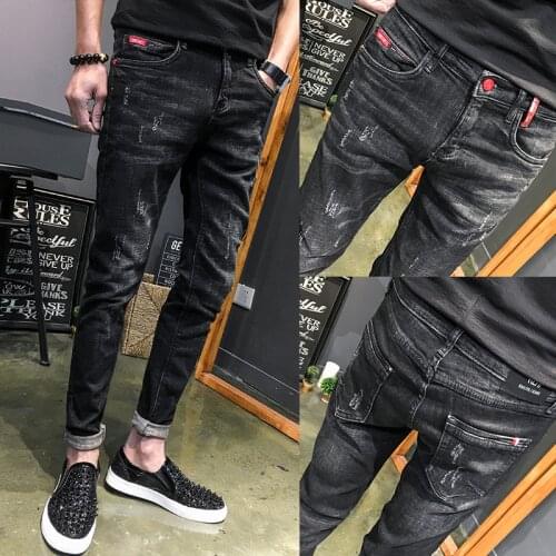 Fashion 2021 street slim Denim pants ripped jeans mens Korean summer thin black long pants casual teenager pencil pants
