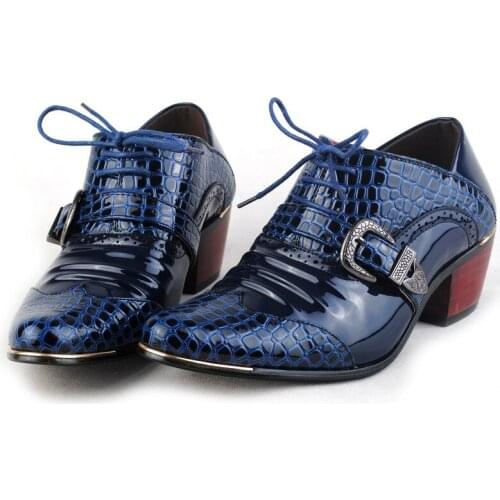 Patent Leather Height Increasing Mens Dress Shoes Trend Thick Heels Increased Personality Lace-Up Pointed Toe Derby Shoes