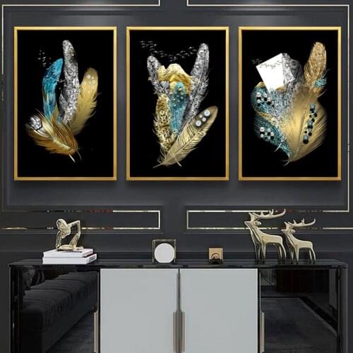 Abstract Feather Art Canvas Painting Black Golden Posters and Prints Nordic Modern Wall Art Pictures for Living Room Home Decor