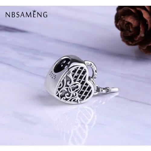NBSAMENG 100% 925 Sterling Silver Bead Love You Lock Heart Charm Beads With Key Fit Original Bracelets DIY Jewelry