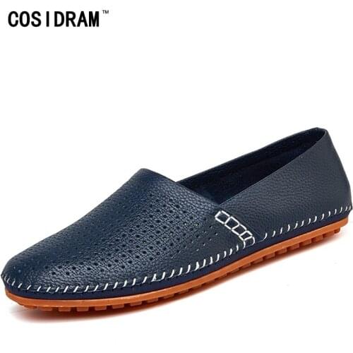 COSIDRAM Genuine Leather New Men Shoes Breathable Comfortable Hollow out Fashion Loafers Driving Shoes Plus Size 46 47 SHB-012
