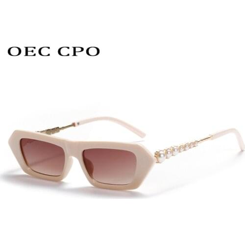 OEC CPO Fashion Pearl Square Sunglasses Women Brand Trend Sunglasses Ladies Beige Glasses Retro Female Eyewear UV400 Oculos De