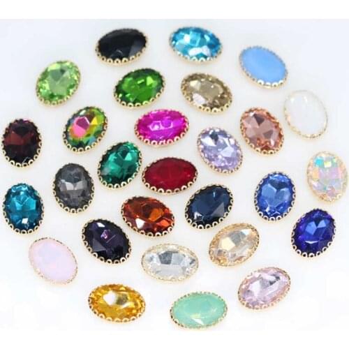 Oval crystal glass rhinestones Flatback sewing crystal glass stone gold base lacy claw with 4 holes Costume jewelry decoration