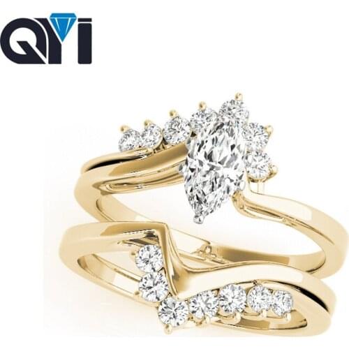 QYI 14K Solid Yellow Gold Fancy Shape Engagement Ring Sets 0.8ct Marquise Cut Simulated Diamond Jewelry For Women Wedding Bands