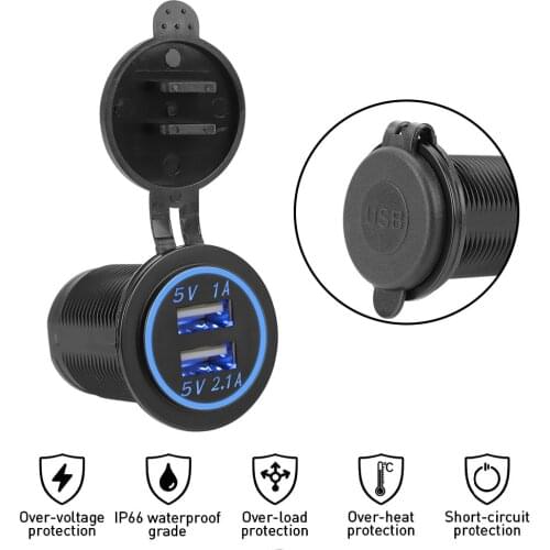 12/24V LED Light Power Socket 3.1A Outlet Adapter for Auto Marine Motorcycle Truck Dual USB Charger Universal Waterproof