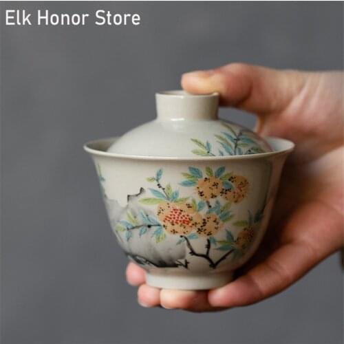 Retro Grass And Wood Ash Cover Bowl Single Household Cover Bowl Kung Fu Tea Set Hand Grasping Tea Maker Ceramic Tea Bowl