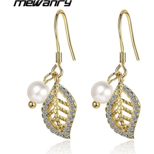 MEWANRY Prevent Allergy 925 Sterling Silver Earrings 2021 Trendy Elegant Cute Hollow Leaves Sparkling Zircon Pearl Bride Jewelry