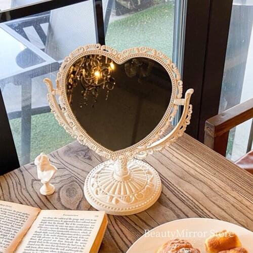 Mirror Heart-Shaped 7-Inch Tabletop Vanity Makeup Cosmetic Beauty Vintage Plastic Double-Sided Rotatable with 3X Magnification