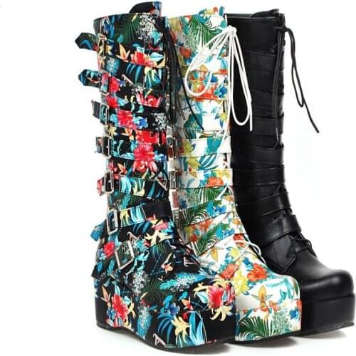 Gothic Punk Womens Platform Boots Black Buckle Strap Lace Up Creeper Wedges Shoes Mid Calf Military Combat Boots