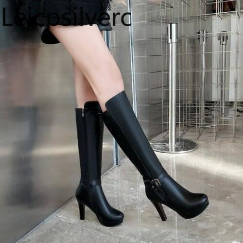 Womens Boots The New winter fashion Round head belt buckle High heel High tube Womens shoes plus size 32-43 Heel Height 10cm