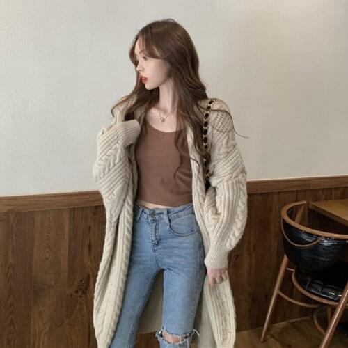 Mid-Length Lazy Cardigan Jacket Womens 2021 New Spring Autumn Korean Fashion Loose Retro Twist Long Sleeve Knitting Sweater Coat