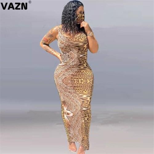 VAZN 2020 Hot Popular Plus Size Leopard Sexy Mature Joker Style Round Neck Tank Sleeve High Waist Women Thin Maxi Dress