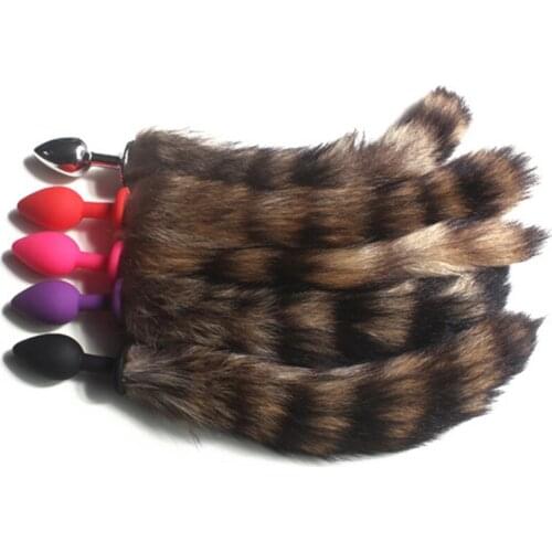 14inch Long Raccoon Artificial Fur Fox Dog Tail Role Playing Prop Toy Fox Tail Silicone/Metal Anal Plug Sex Toy