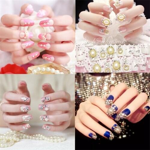 24pcs Luxury Shiny Rhinestone Wedding Fake Henna And Bow Pattern Pearl Ballerina Full Coverage Nail Art Sticker Fake Nails