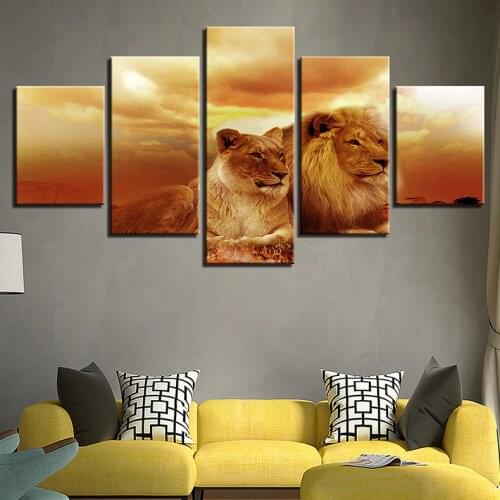 5PCS Hunting Lion Split Wall Art Poster Painting Animal Picture HD Print At Sunset Bedroom Living Room Home Decoration Frameless