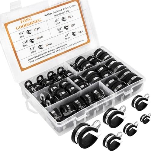 52pcs 304 Stainless Steel Assorted Cable Clamps Wire Clamp Assortment Kit Rubber Cushioned 1/4'' 5/16'' 3/8'' 1/2'' 5/8'' 3/4