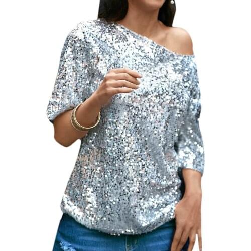 Sexy Blouses Shoulder Oblique Shoulder Sleeve Shirts Vintage Streetwear Sequined Bling Shiny Loose Bottoming Shirt Top